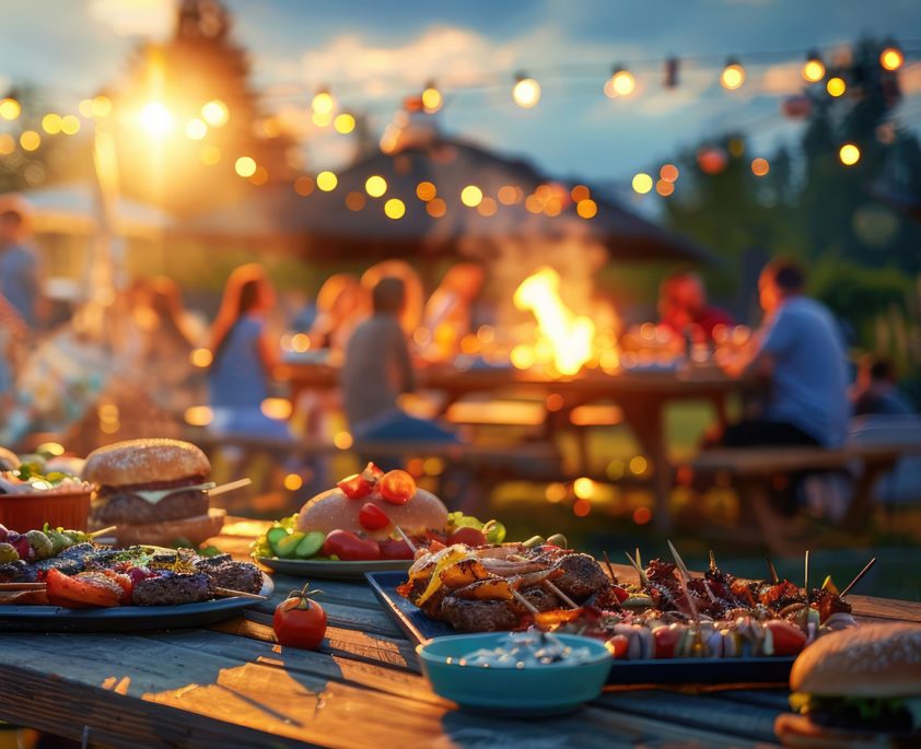 A lively outdoor summer barbecue party with friends, featuring delicious food, drinks, and festive lights during sunset.
