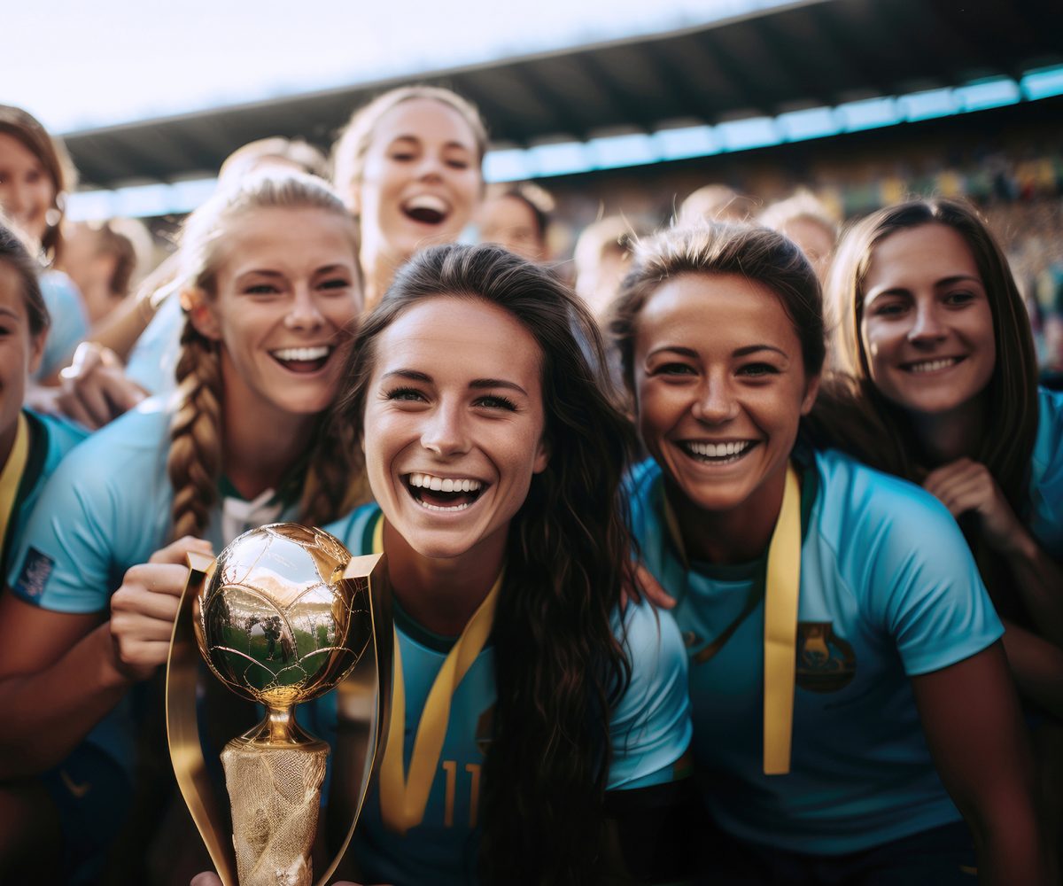 Group of multiethnic cheerful female soccer players in sportswear with trophy after match in stadium on sunny summer day